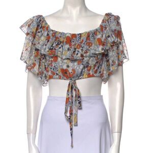 Alexis Adona Floral Chiffon Ruffle Off-Shoulder Crop Top